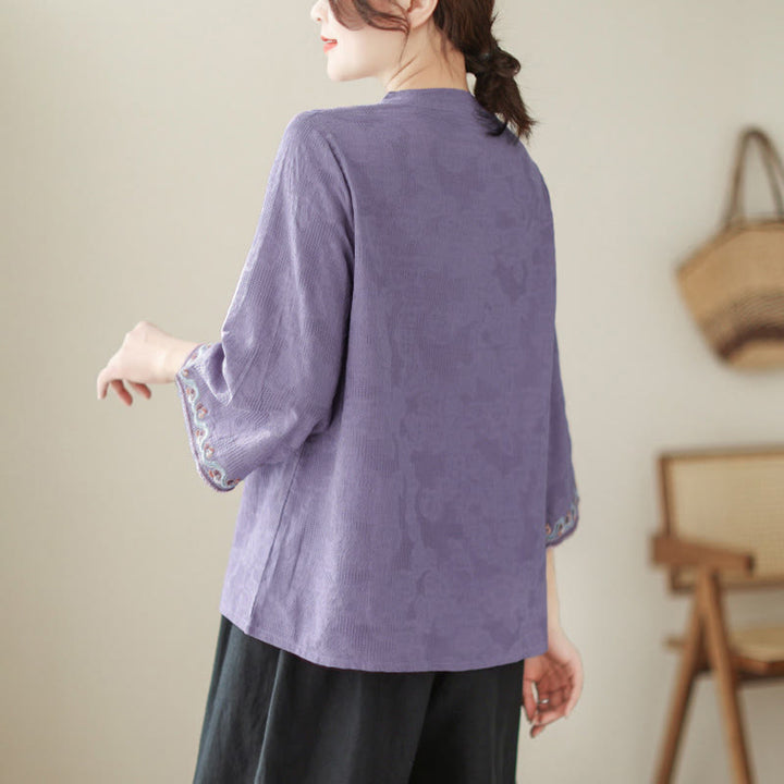 Buddha Stones Jacquard Frog-button Stand Collar Embroidered Three Quarter Sleeve Design Women's Cotton Shirt - image 2