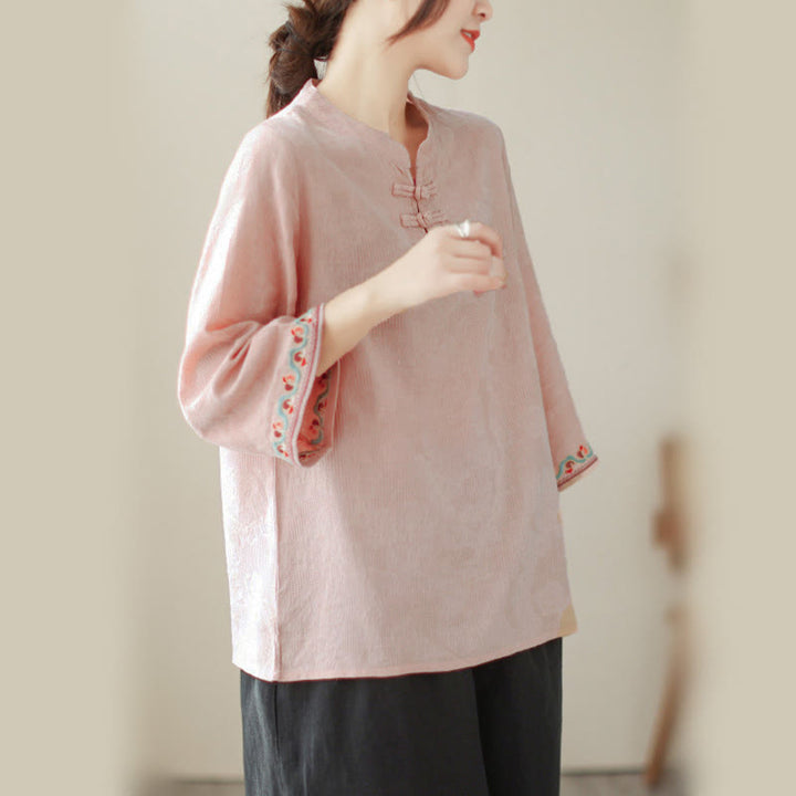 Buddha Stones Jacquard Frog-button Stand Collar Embroidered Three Quarter Sleeve Design Women's Cotton Shirt - image 28