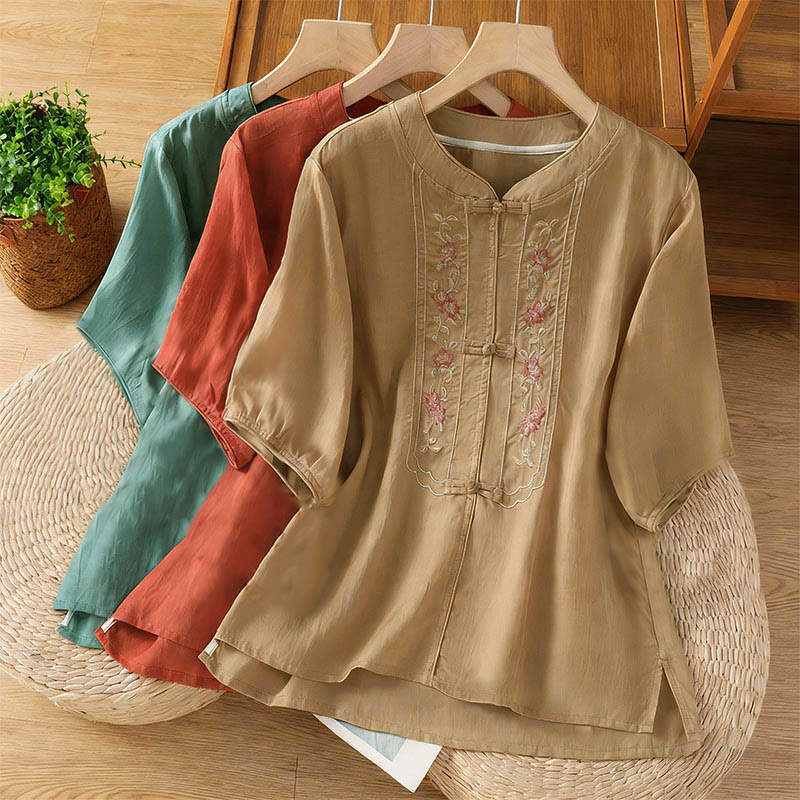 Buddha Stones Frog-button Stand Collar Embroidered Flower Elastic Cuff Three Quarter Sleeve Women's Shirt - image 20
