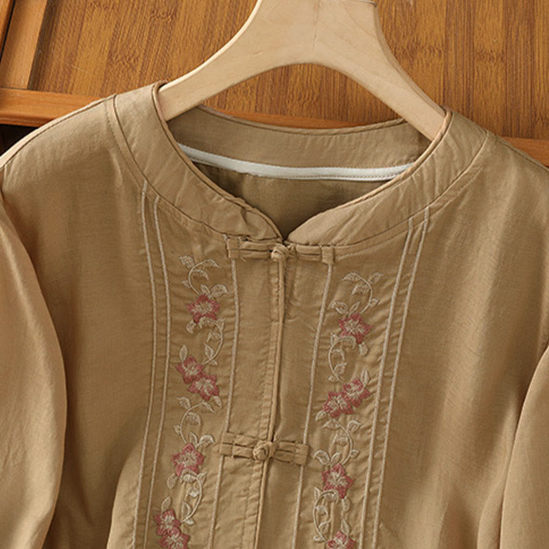 Buddha Stones Frog-button Stand Collar Embroidered Flower Elastic Cuff Three Quarter Sleeve Women's Shirt - image 8