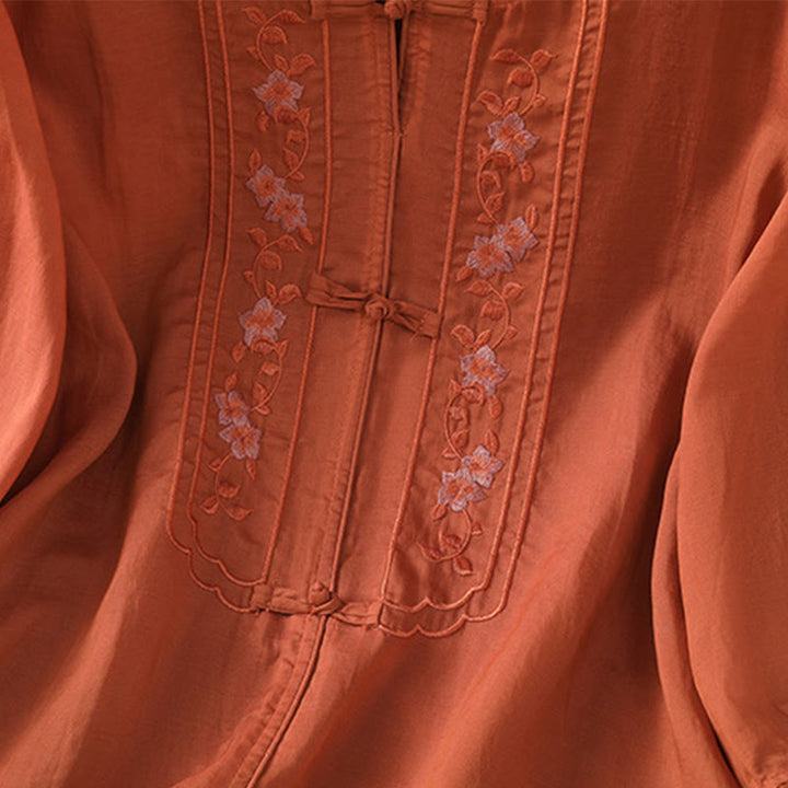 Buddha Stones Frog-button Stand Collar Embroidered Flower Elastic Cuff Three Quarter Sleeve Women's Shirt - image 19