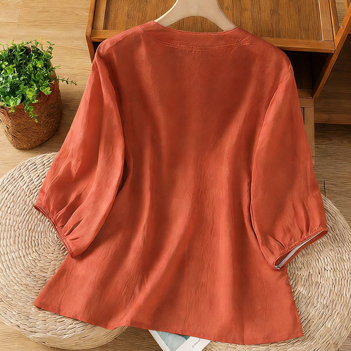 Buddha Stones Frog-button Stand Collar Embroidered Flower Elastic Cuff Three Quarter Sleeve Women's Shirt - image 16