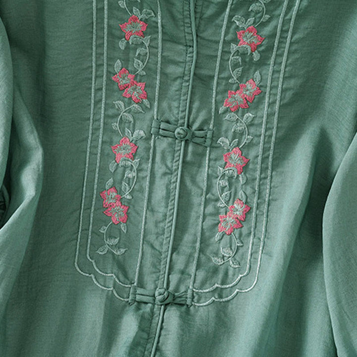 Buddha Stones Frog-button Stand Collar Embroidered Flower Elastic Cuff Three Quarter Sleeve Women's Shirt - image 4