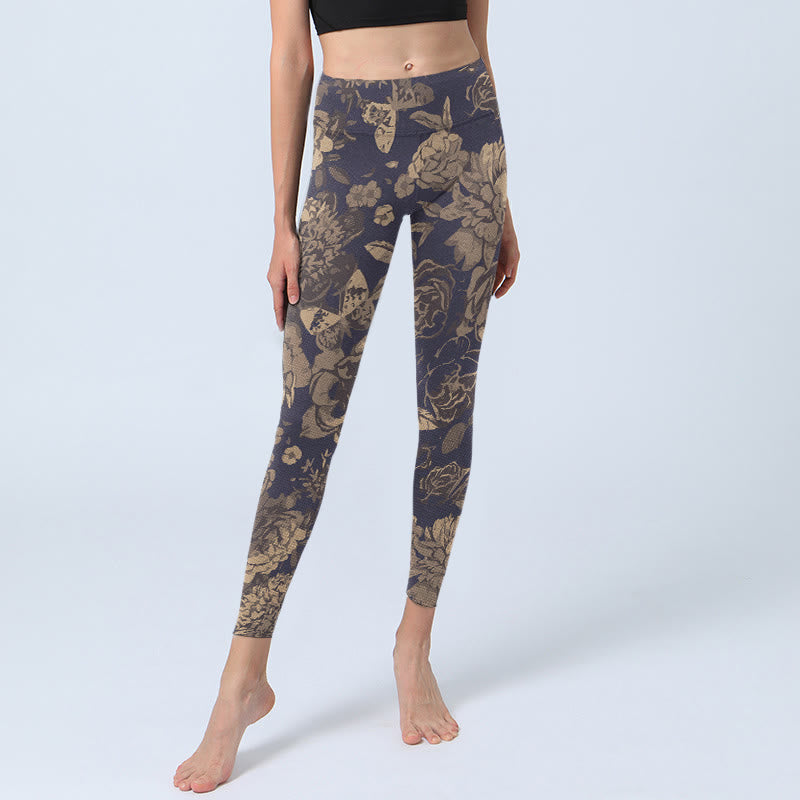 Buddha Stones Retro Color Scheme Flower Butterfly Leaf Print Gym Leggings Women's Yoga Pants - image 5