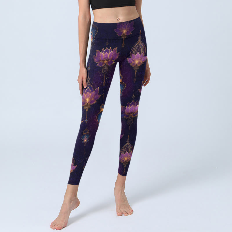 Buddha Stones Dreamlike Lotus Flower Lantern Print Gym Leggings Women's Yoga Pants - image 5