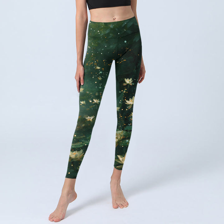 Buddha Stones Dreamlike Lotus Flower Leaf Print Gym Leggings Women's Yoga Pants - image 5