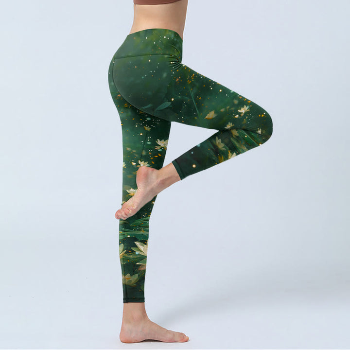 Buddha Stones Dreamlike Lotus Flower Leaf Print Gym Leggings Women's Yoga Pants - image 3