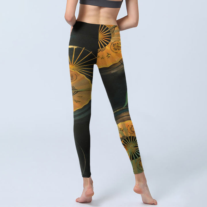 Buddha Stones Gorgeous Folding Fan Koi Fish Print Gym Leggings Women's Yoga Pants - image 6
