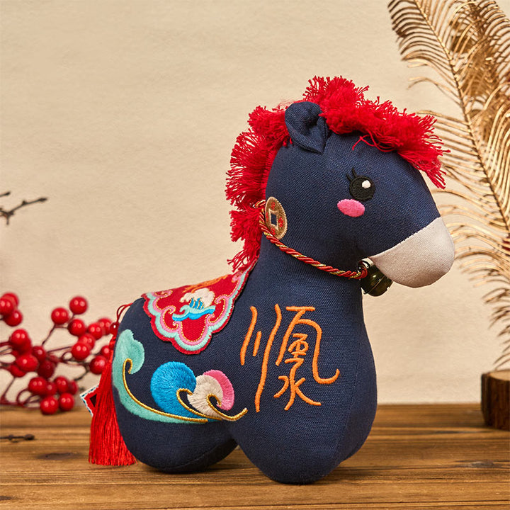 Buddha Stones Year of the Horse Copper Red String Fu Character Embroidery Prosperity Home Decoration - Fu Character Blue Horse - 22*22*9 cm - image 22