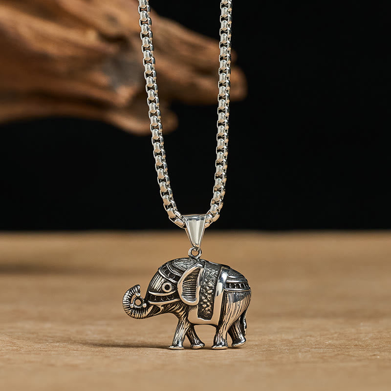 Buddha Stones Titanium Steel Elephant Strengthen Necklace Pendants - Silvery Titanium Steel Elephant - image 0