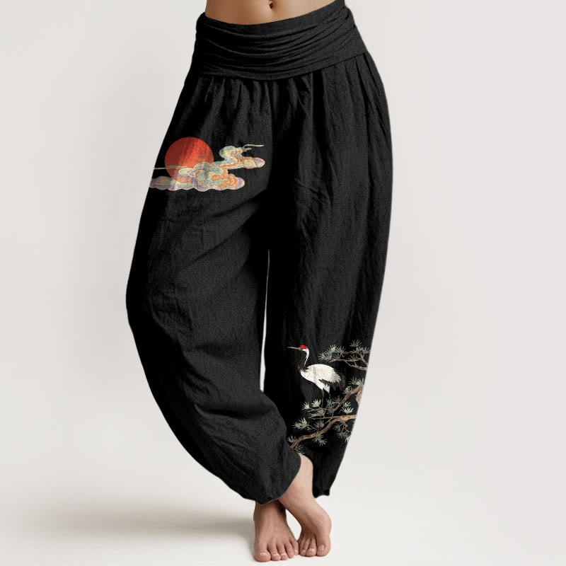 Buddha Stones Pure Cotton Concise Sun Cloud Crane Pine Tree Pattern Women's Elastic Waist Harem Pants - Black - US16，UK/AU20，EU48 (3XL) - image 5