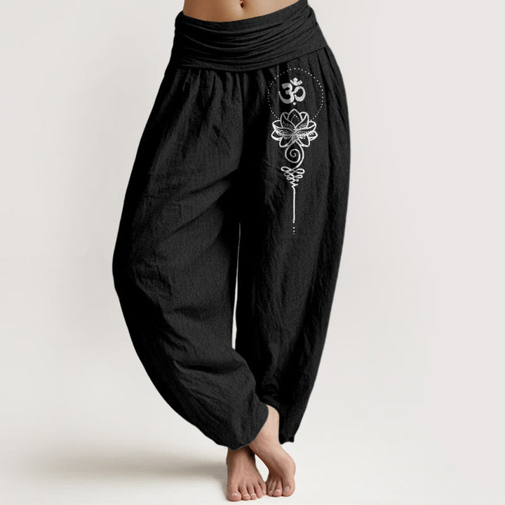 Buddha Stones Pure Cotton Minimalist Style Om Symbol Lotus Pattern Women's Elastic Waist Harem Pants - Black - US16，UK/AU20，EU48 (3XL) - image 0