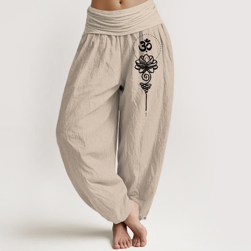 Buddha Stones Pure Cotton Minimalist Style Om Symbol Lotus Pattern Women's Elastic Waist Harem Pants - Tan - US16，UK/AU20，EU48 (3XL) - image 11