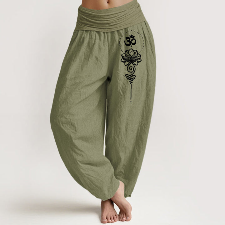 Buddha Stones Pure Cotton Minimalist Style Om Symbol Lotus Pattern Women's Elastic Waist Harem Pants - OliveDrab - US16，UK/AU20，EU48 (3XL) - image 14