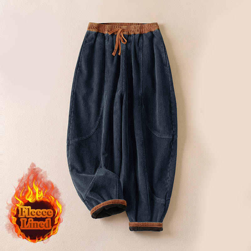 Buddha Stones Color Contrast Corduroy Cotton Women's Thermal Fleece-Lined Harem Pants With Pockets - image 31