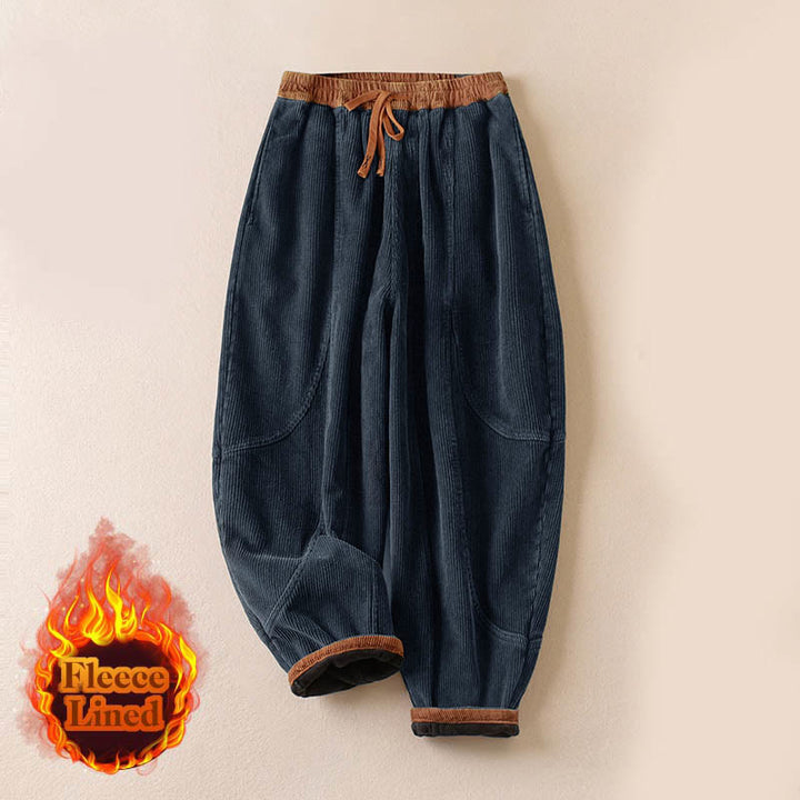Buddha Stones Color Contrast Corduroy Cotton Women's Thermal Fleece-Lined Harem Pants With Pockets - image 31