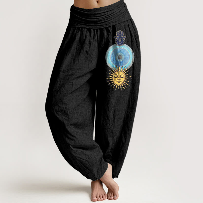 Buddha Stones Pure Cotton Minimalist Style Hamsa's Hand Sun Pattern Women's Elastic Waist Harem Pants - Black - US16，UK/AU20，EU48 (3XL) - image 0