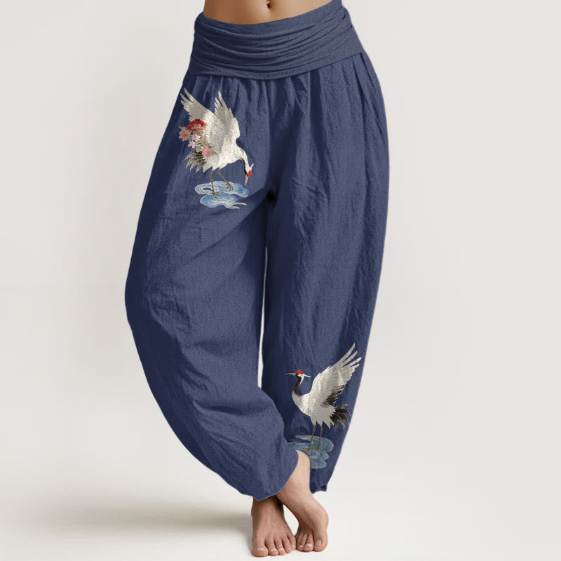 Buddha Stones Pure Cotton Elegant Crane Flower Cloud Pattern Women's Elastic Waist Harem Pants - DarkSlateBlue - US16，UK/AU20，EU48 (3XL) - image 0