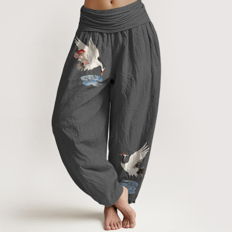 Buddha Stones Pure Cotton Elegant Crane Flower Cloud Pattern Women's Elastic Waist Harem Pants - DimGray - US16，UK/AU20，EU48 (3XL) - image 8
