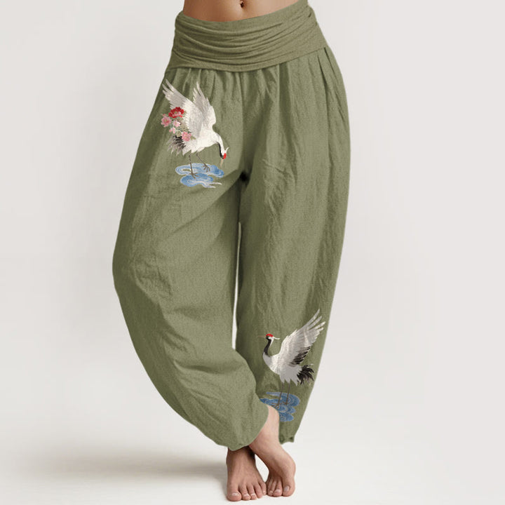 Buddha Stones Pure Cotton Elegant Crane Flower Cloud Pattern Women's Elastic Waist Harem Pants - OliveDrab - US16，UK/AU20，EU48 (3XL) - image 14