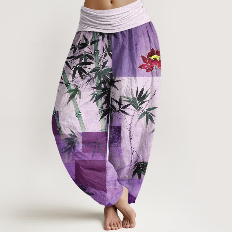 Buddha Stones Cotton Colorful Bamboo Lotus Geometric Shapes Pattern Women's Elastic Waist Harem Pants - MediumPurple - US16，UK/AU20，EU48 (3XL) - image 5