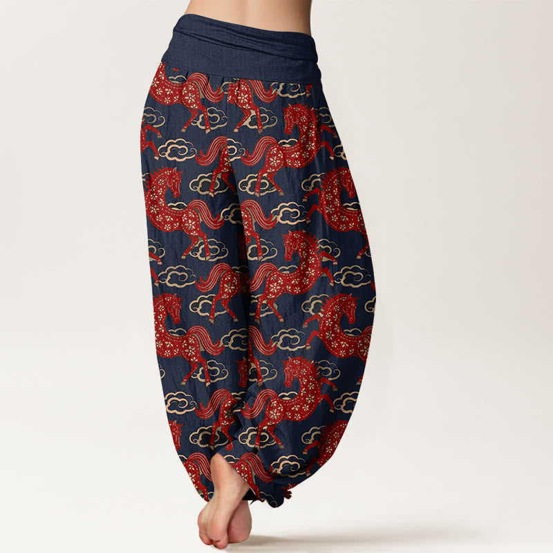 Buddha Stones Cotton Gorgeous Horse Cloud Pattern Women's Elastic Waist Harem Pants - image 6