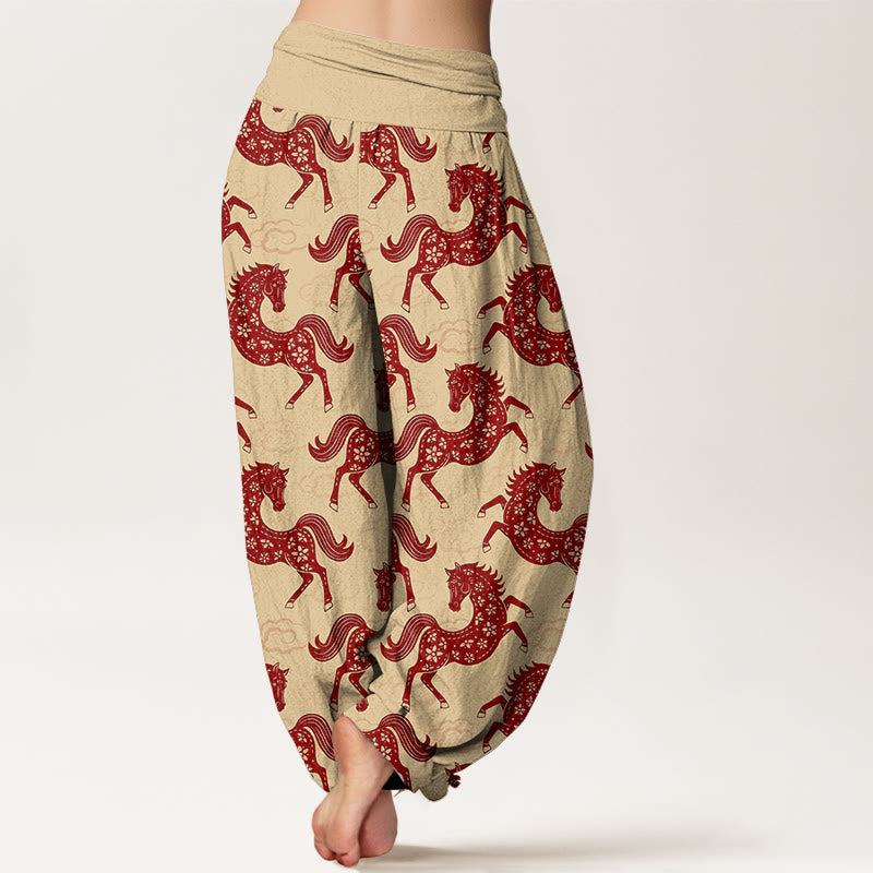 Buddha Stones Cotton Gorgeous Horse Cloud Pattern Women's Elastic Waist Harem Pants - image 9