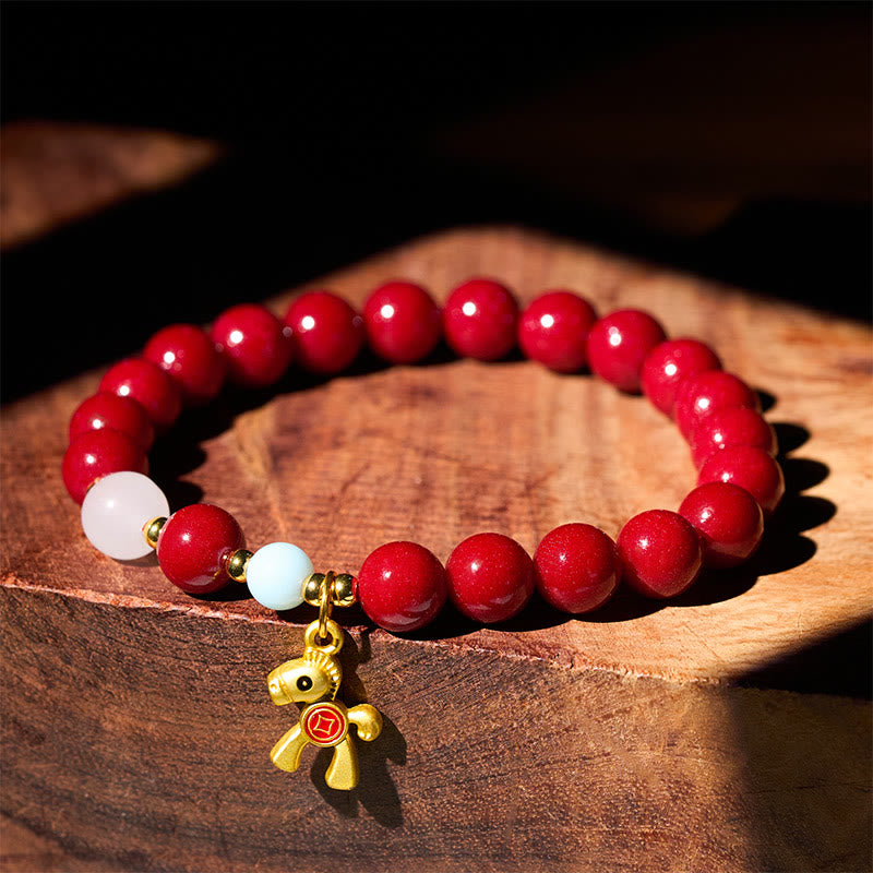 Buddha Stones Year Of The Horse Cute Horse Copper Coins Design Cinnabar Blessing Bracelet - 10mm - Cinnabar(Wrist Circumference: 14-16cm) - image 0