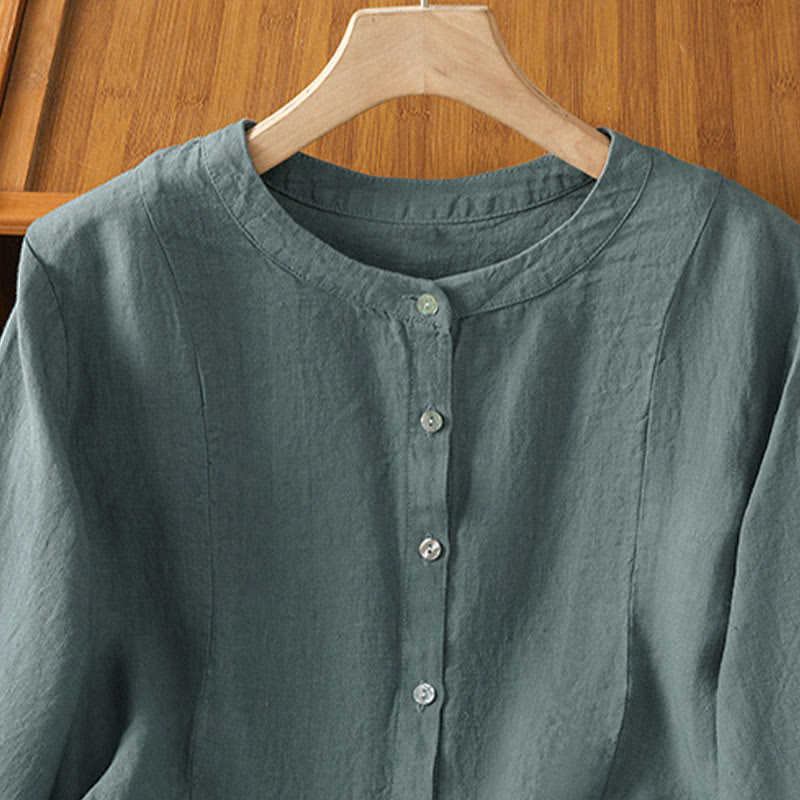 Buddha Stones Fall Commute Patchwork Plain Design Long Sleeve Women's Cotton Buttons Shirt - image 20