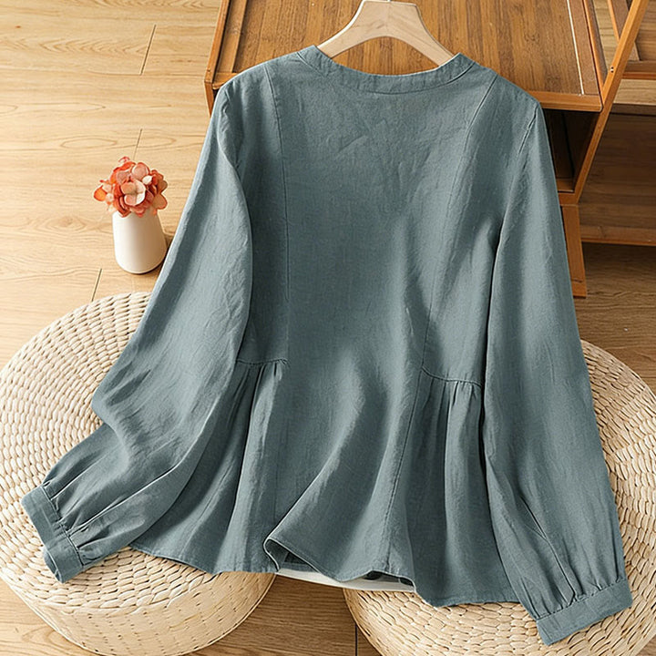 Buddha Stones Fall Commute Patchwork Plain Design Long Sleeve Women's Cotton Buttons Shirt - image 19