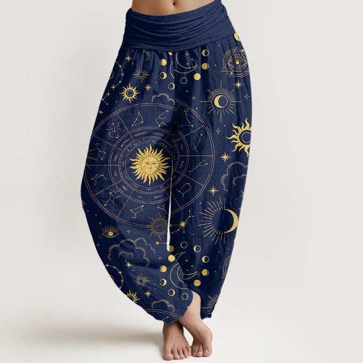 Buddha Stones Cotton Gorgeous Sun Moon Star Constellation Cloud Pattern Women's Elastic Waist Harem Pants - Navy - US16，UK/AU20，EU48 (3XL) - image 0