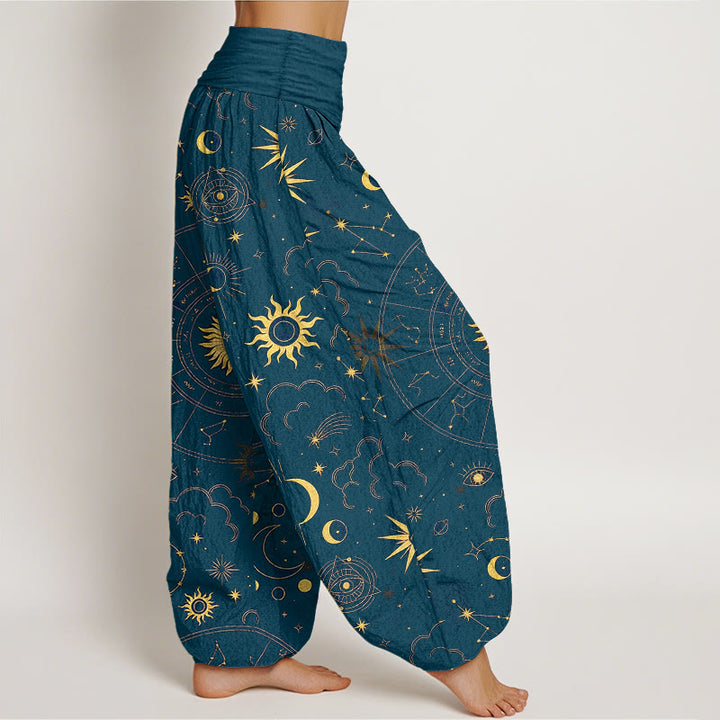 Buddha Stones Cotton Gorgeous Sun Moon Star Constellation Cloud Pattern Women's Elastic Waist Harem Pants - image 10