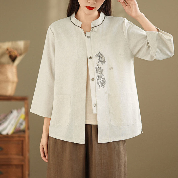 Buddha Stones Commute Embroidery Floral Pattern Three Quarter Sleeve Women's Cotton Shirt With Pockets - image 9