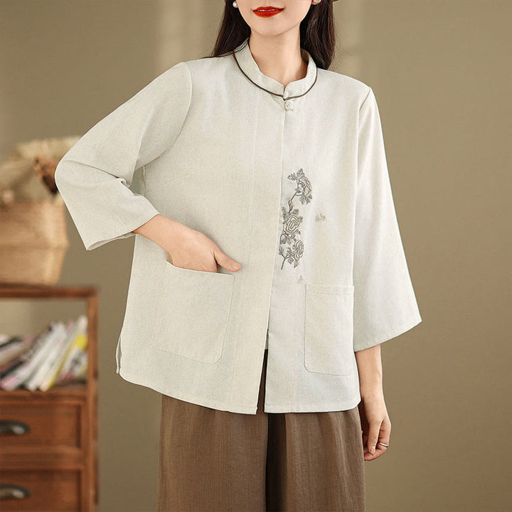 Buddha Stones Commute Embroidery Floral Pattern Three Quarter Sleeve Women's Cotton Shirt With Pockets - image 10