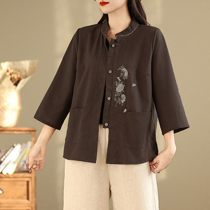 Buddha Stones Commute Embroidery Floral Pattern Three Quarter Sleeve Women's Cotton Shirt With Pockets - image 4