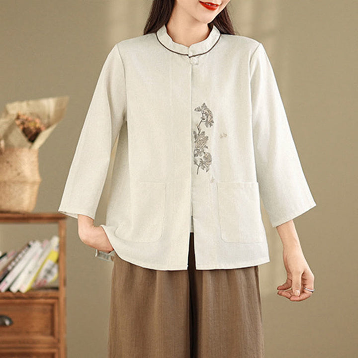 Buddha Stones Commute Embroidery Floral Pattern Three Quarter Sleeve Women's Cotton Shirt With Pockets - image 8