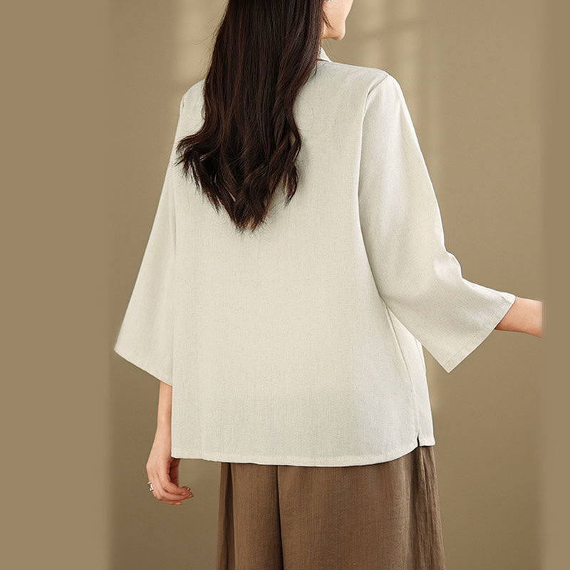 Buddha Stones Commute Embroidery Floral Pattern Three Quarter Sleeve Women's Cotton Shirt With Pockets - image 12