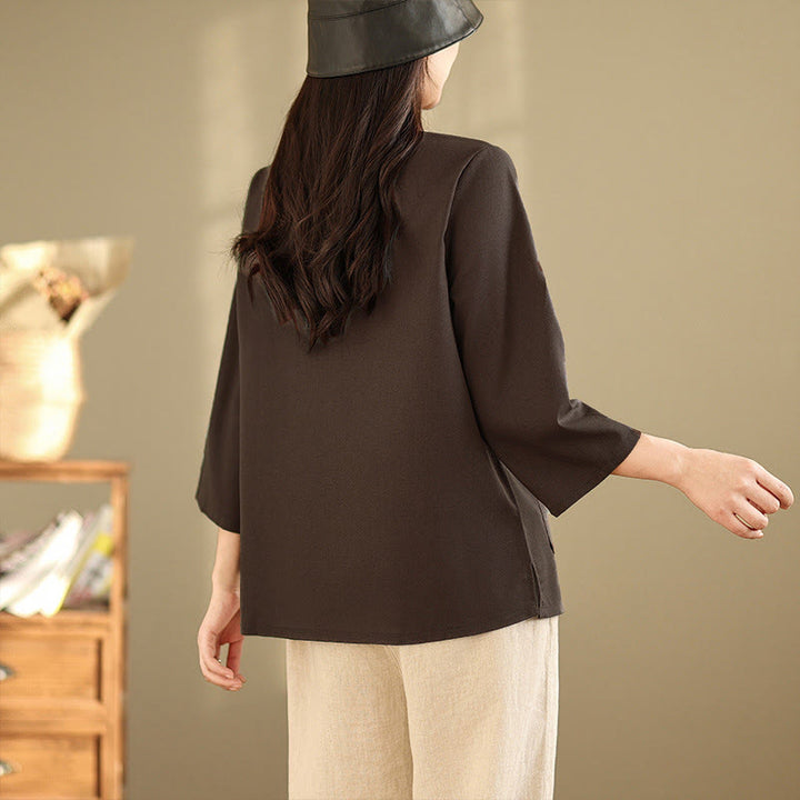 Buddha Stones Commute Embroidery Floral Pattern Three Quarter Sleeve Women's Cotton Shirt With Pockets - image 5