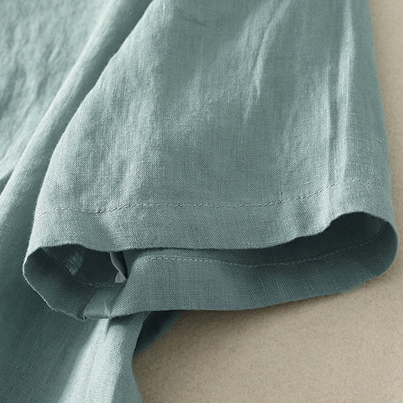 Buddha Stones Summer Solid Color V-Neck Buttons Simple Design Women's Short Sleeve Shirt - image 2