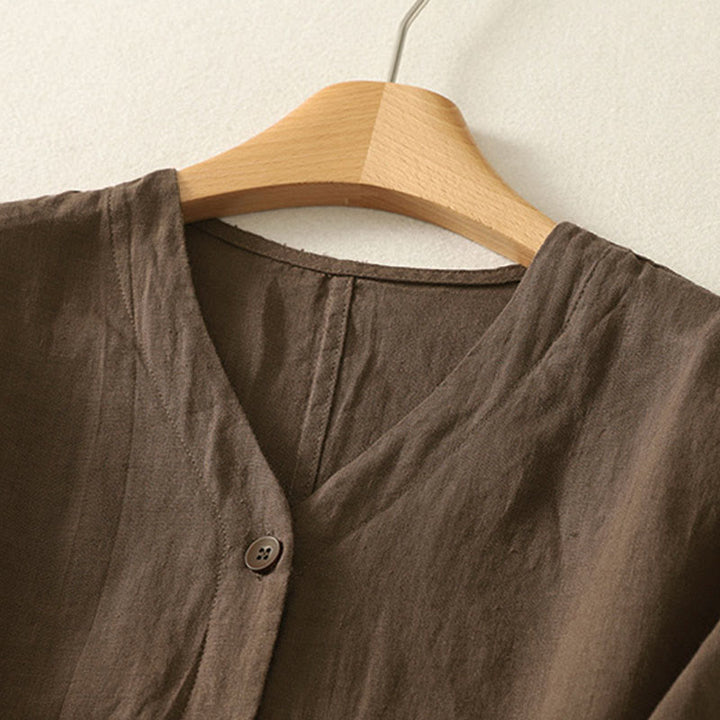 Buddha Stones Summer Solid Color V-Neck Buttons Simple Design Women's Short Sleeve Shirt - image 19