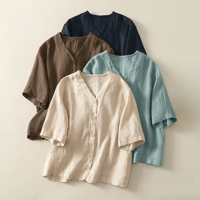 Buddha Stones Summer Solid Color V-Neck Buttons Simple Design Women's Short Sleeve Shirt - image 22