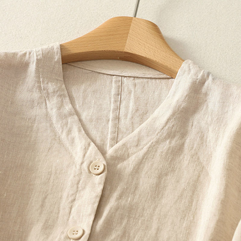 Buddha Stones Summer Solid Color V-Neck Buttons Simple Design Women's Short Sleeve Shirt - image 6