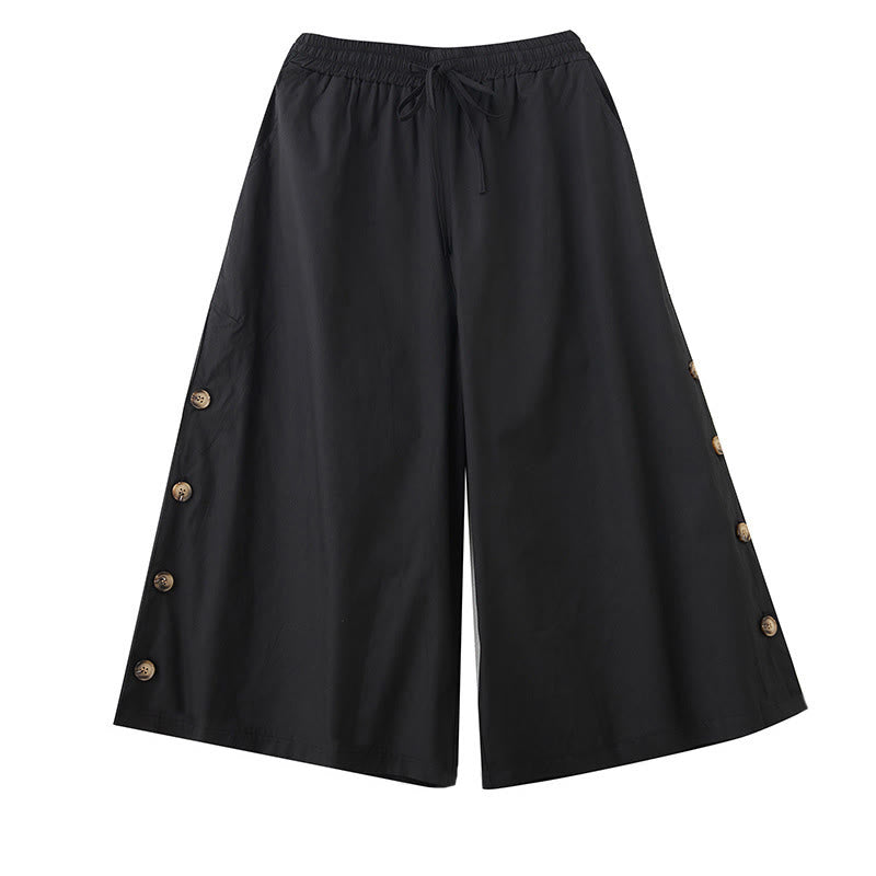 Buddha Stones Plain Buttoned Side Design Capri Cropped Women's Wide Leg Pants With Pockets - image 9