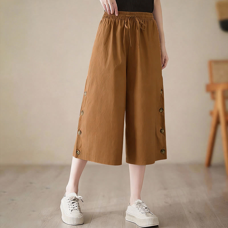 Buddha Stones Plain Buttoned Side Design Capri Cropped Women's Wide Leg Pants With Pockets - image 2