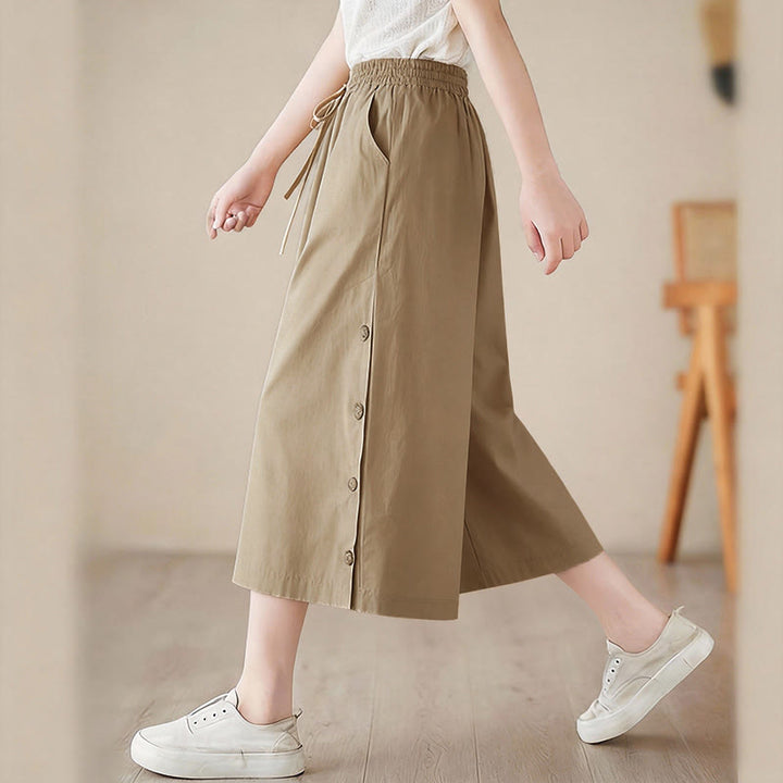 Buddha Stones Plain Buttoned Side Design Capri Cropped Women's Wide Leg Pants With Pockets - image 17