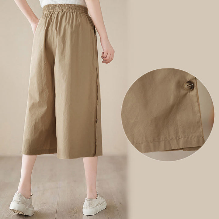 Buddha Stones Plain Buttoned Side Design Capri Cropped Women's Wide Leg Pants With Pockets - image 20