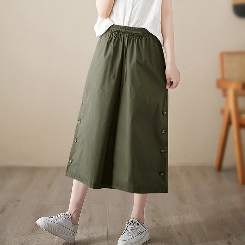 Buddha Stones Plain Buttoned Side Design Capri Cropped Women's Wide Leg Pants With Pockets - image 11
