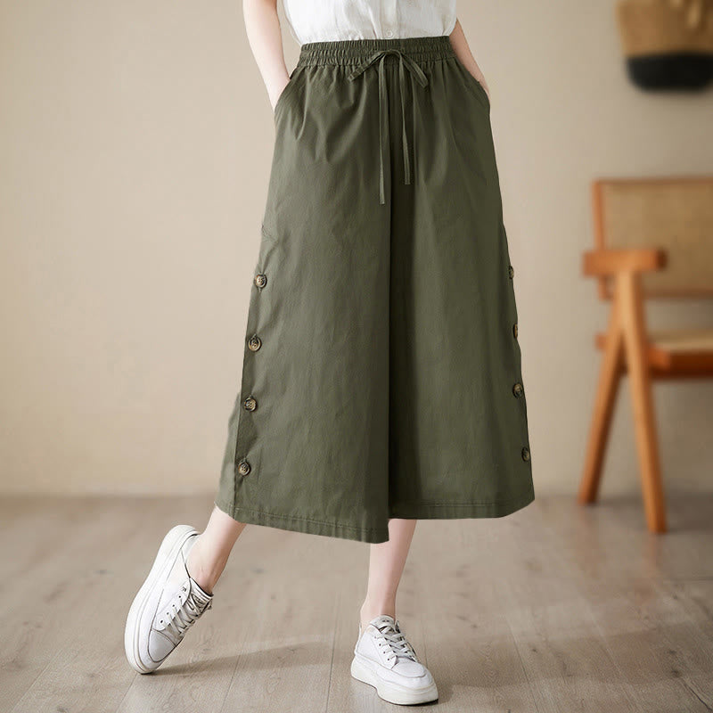 Buddha Stones Plain Buttoned Side Design Capri Cropped Women's Wide Leg Pants With Pockets - DarkOliveGreen - US8-10，UK/AU12-14，EU40-42 (2XL) - image 10