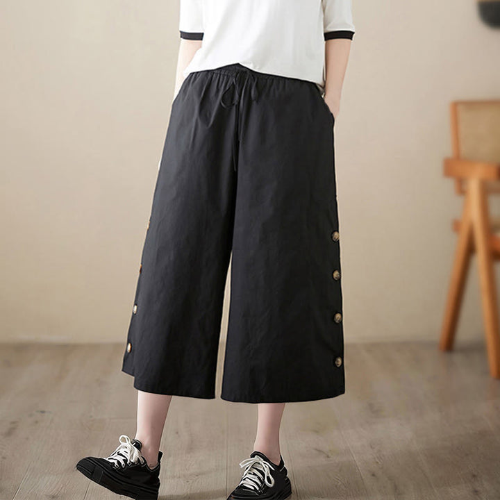 Buddha Stones Plain Buttoned Side Design Capri Cropped Women's Wide Leg Pants With Pockets - image 7