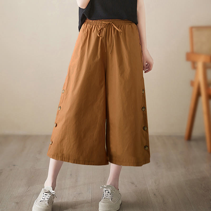 Buddha Stones Plain Buttoned Side Design Capri Cropped Women's Wide Leg Pants With Pockets - image 3